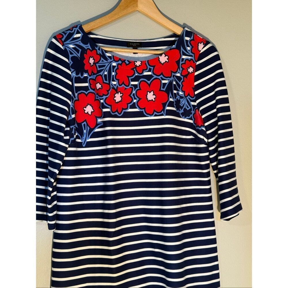 Talbots Size L Petite Blue & White Stripe Shift Dress Red Floral Neck 3/4 Sleeve - Picture 6 of 12